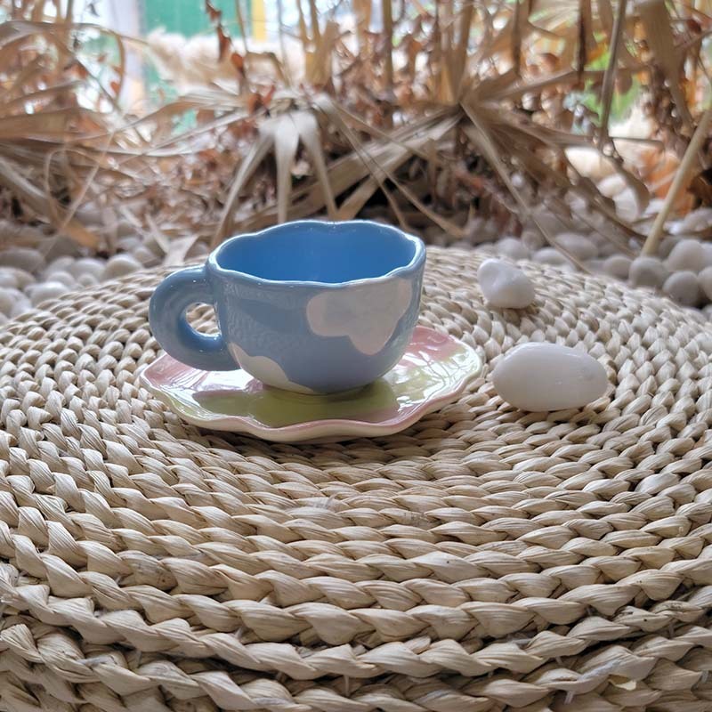 Hand-Painted Blue Sky and Cloud Porcelain Coffee Cup & Saucer Set