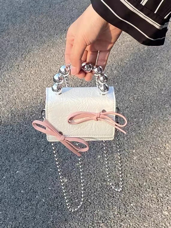 Cute Mini Bow Shoulder Bags with Chain Strap and Beaded Handle