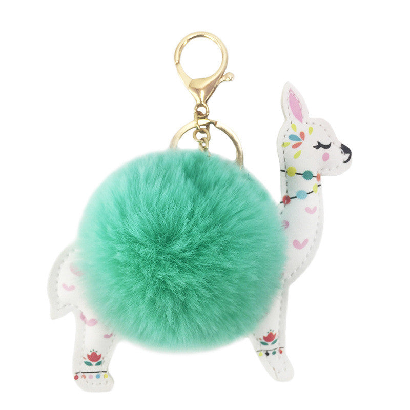 Cute Alpaca Keychain with Fur Ball & Colorful Floral Design