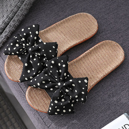 Polka Dot Bow Linen Open-Toe Non-Slip Summer Slippers for Women