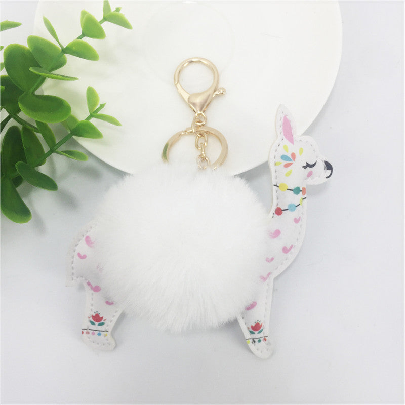 Cute Alpaca Keychain with Fur Ball & Colorful Floral Design