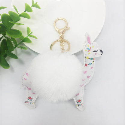 Cute Alpaca Keychain with Fur Ball & Colorful Floral Design