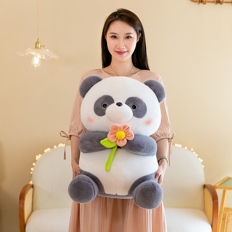 Giant Panda Plush Toys Holding Flowers in Pink & Gray Variants