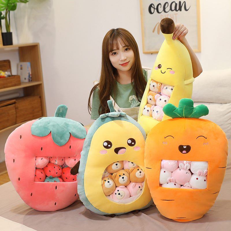 Cute Fruit Plush Pillows with Hidden Plushies Featuring Strawberry, Avocado, Banana & Carrot