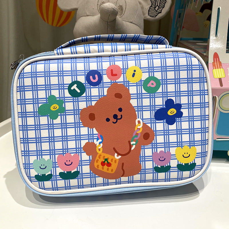 Checkered Multi-Pocket Makeup Bag with Cute Bear Print