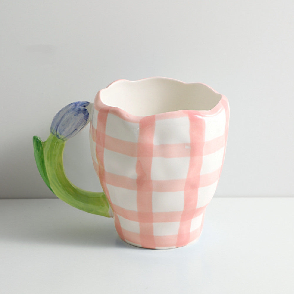 Blue & Pink Checkered Tulip Handle Porcelain Mug