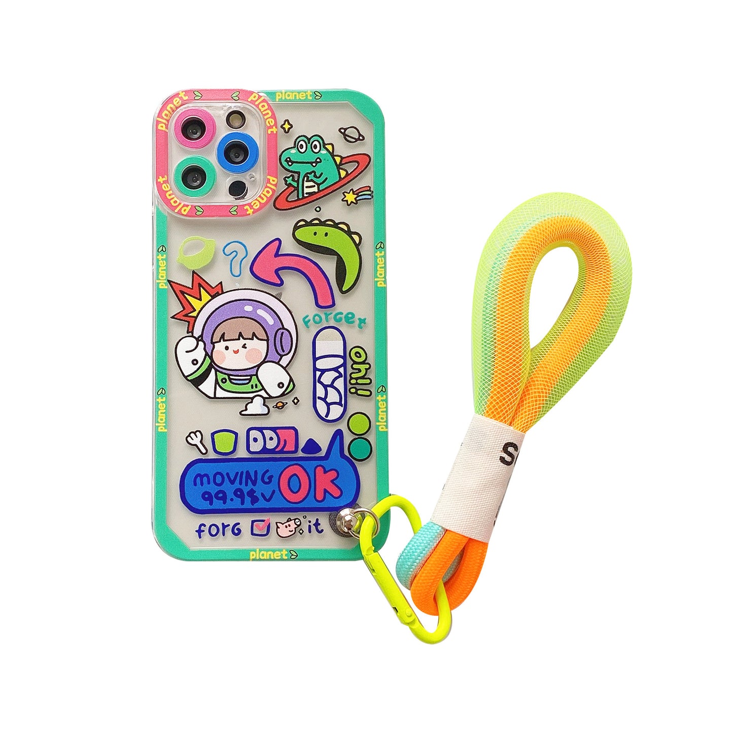 Cute Korean Cartoon TPU Phone Case with Lanyard – Graffiti Monster Design