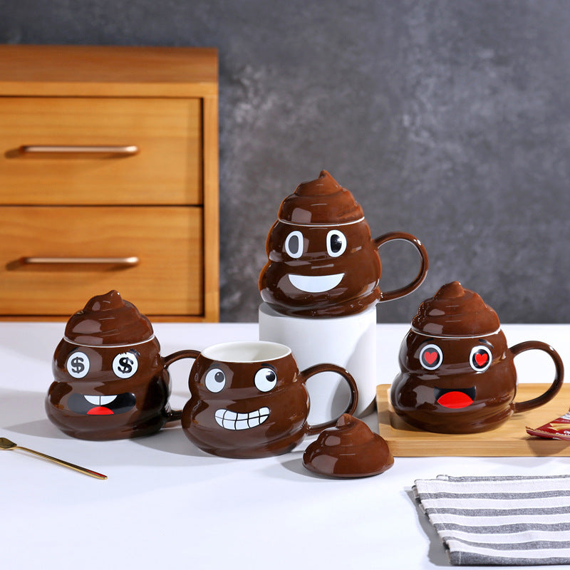 Funny Poop Emoji Porcelain Cup with Lid - Funny Coffee Mugs