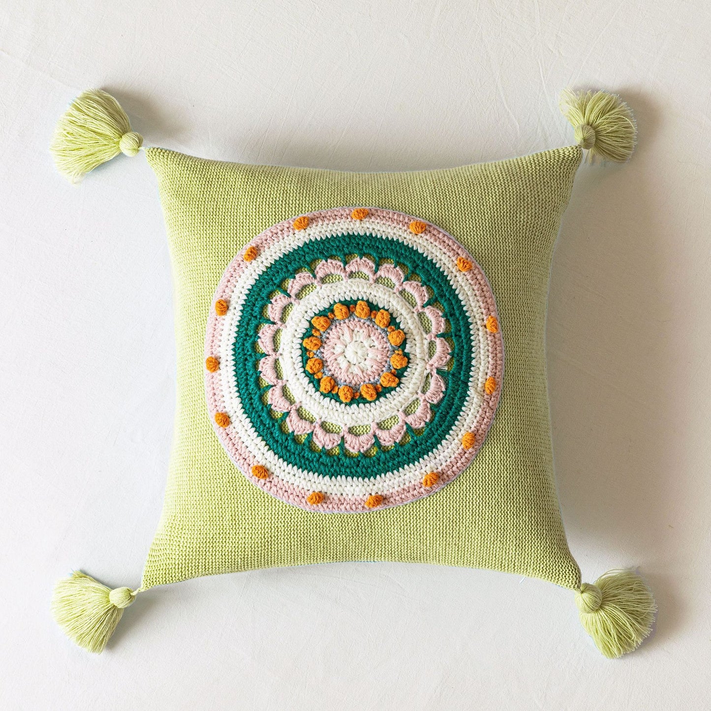 Knitted Mandala Pillow Covers with Tassels – Pink, Green, Blue, Yellow