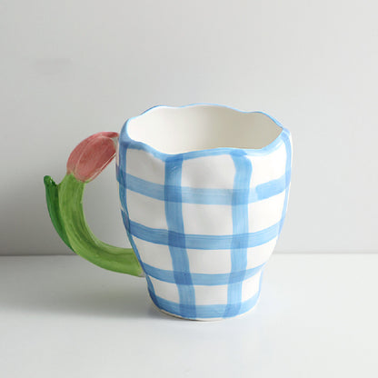 Blue & Pink Checkered Tulip Handle Porcelain Mug