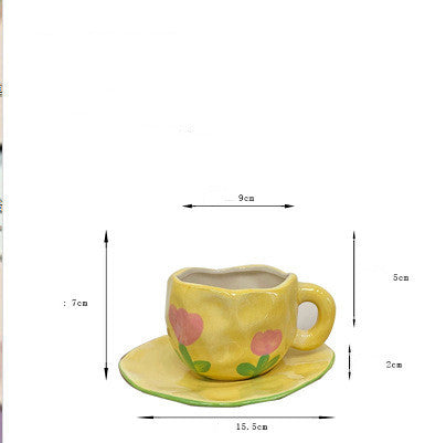 Retro Pinch Porcelain Cups with Plaid & Floral Tea Cups and Saucer Set