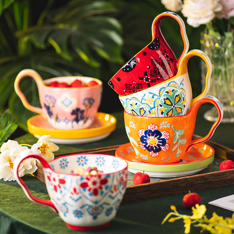 Hand-Painted Floral Ceramic Tea Cups – Colorful and Artistic Design