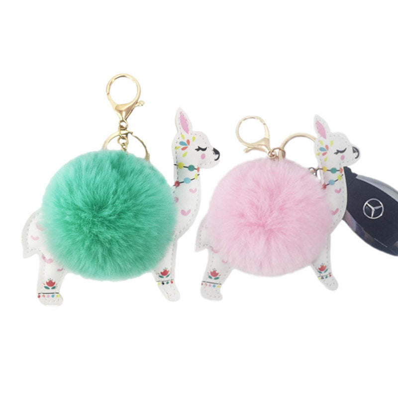 Cute Alpaca Keychain with Fur Ball & Colorful Floral Design