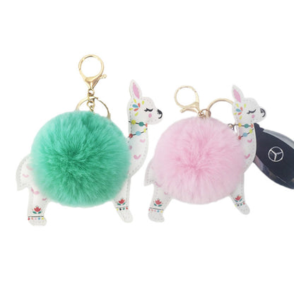 Cute Alpaca Keychain with Fur Ball & Colorful Floral Design
