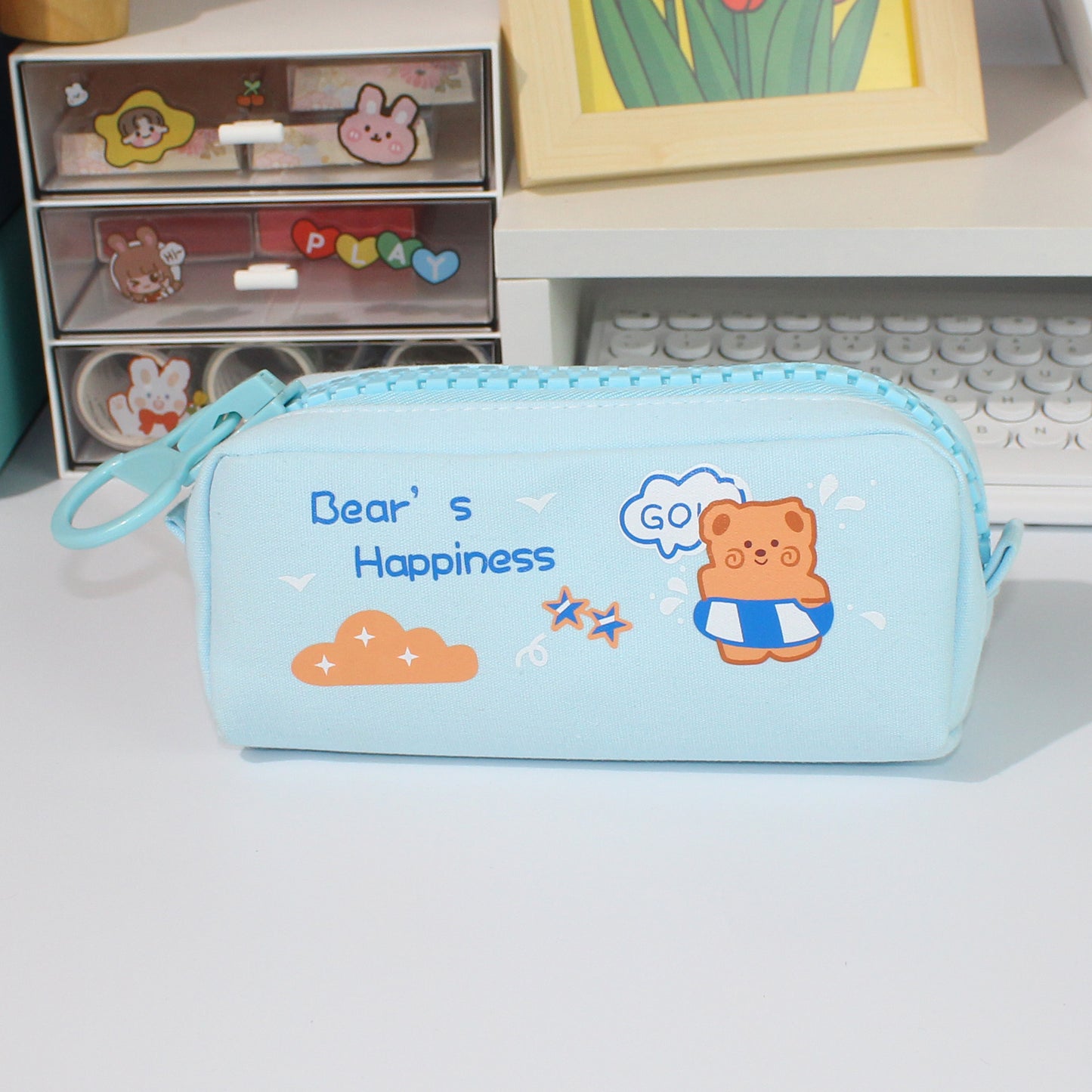 Large Capacity Bright Canvas Bear Pencil Case in 4 Fun Colors