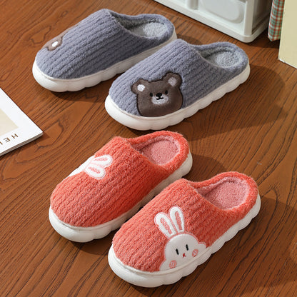 Cute Bear & Rabbit Plush Winter Slippers for Women – Thick Sole