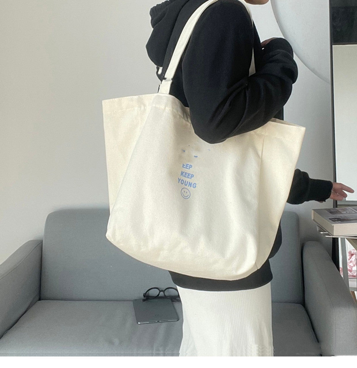 Large Capacity Women's White Canvas Tote Bag | Shoulder Tote Bag