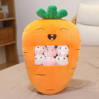 Cute Fruit Plush Pillows with Hidden Plushies Featuring Strawberry, Avocado, Banana & Carrot