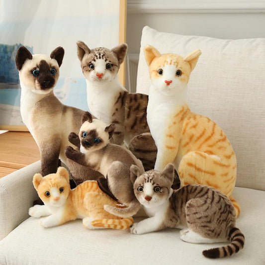 Realistic Cat Plush Toy Set with Striped & Siamese Variants