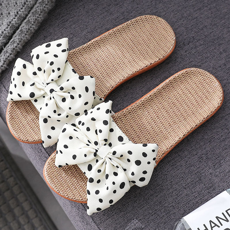 Polka Dot Bow Linen Open-Toe Non-Slip Summer Slippers for Women