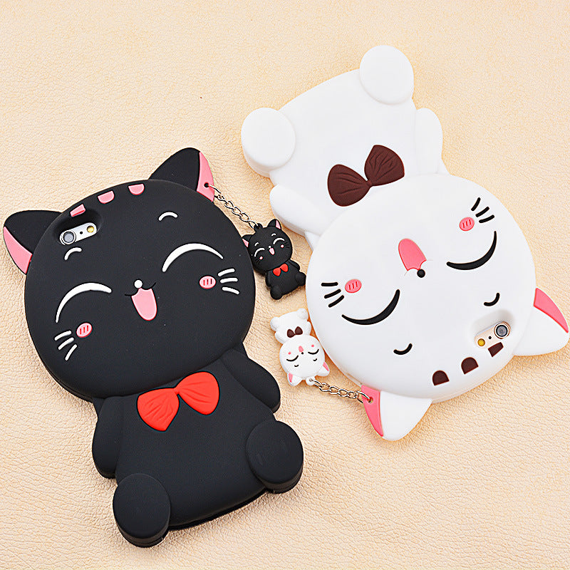 Cute Black & White Cat Silicone Phone Case – 3D Design with Charms