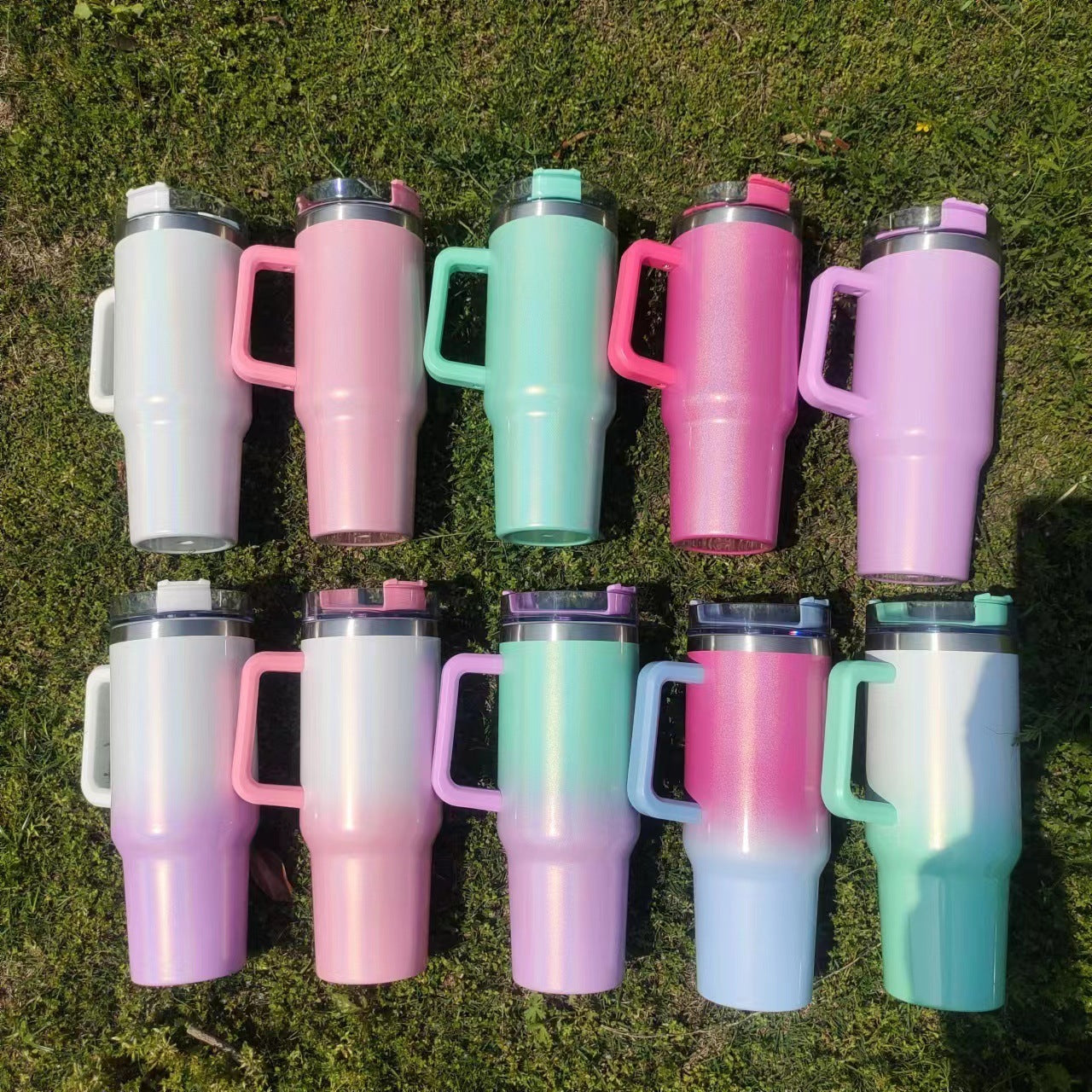 Colorful Gradient Stainless Steel Thermos Tumbler with Handle & Straw