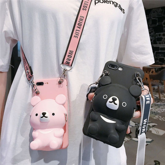 Cute 3D Bear Phone Case with Crossbody Strap in Pink & Black Variants