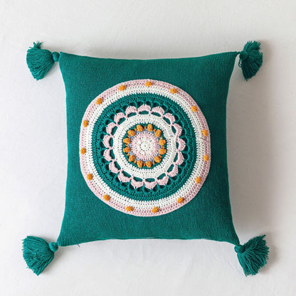 Knitted Mandala Pillow Covers with Tassels – Pink, Green, Blue, Yellow