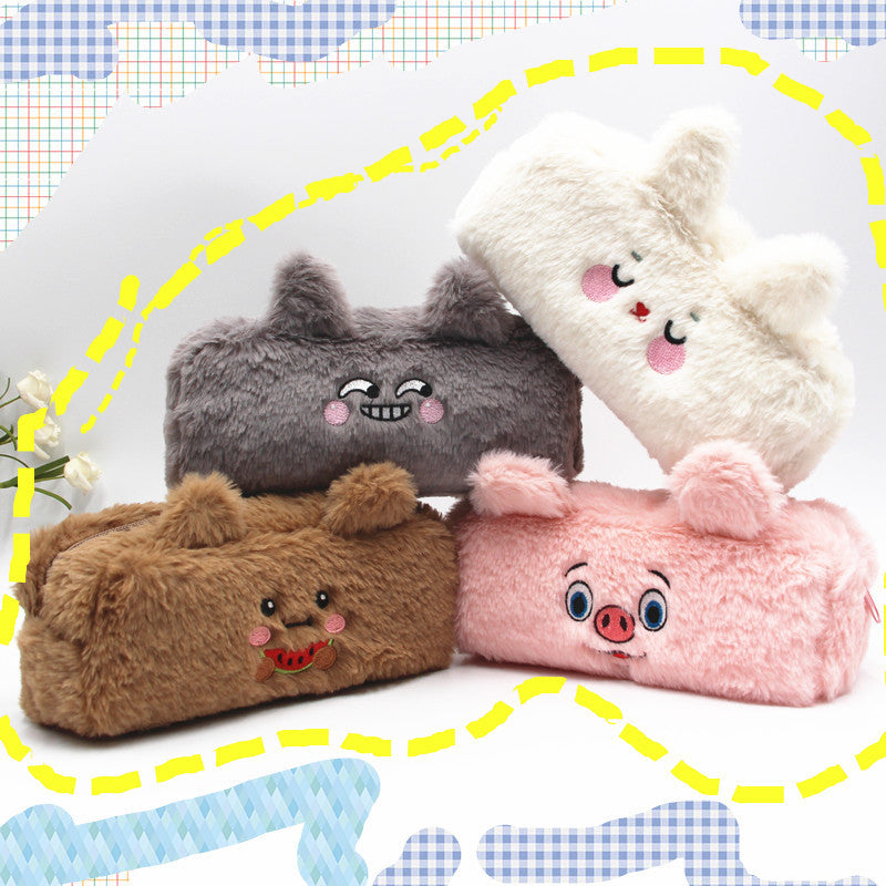 Cute Plush Rabbit & Bear Cartoon Pencil Case with Soft Fur Design