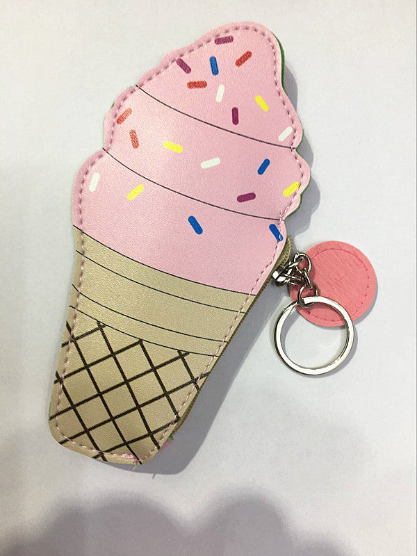 Cute Pink Drink & Ice Cream -Themed Coin Purse Keychain Set with Fun Shapes