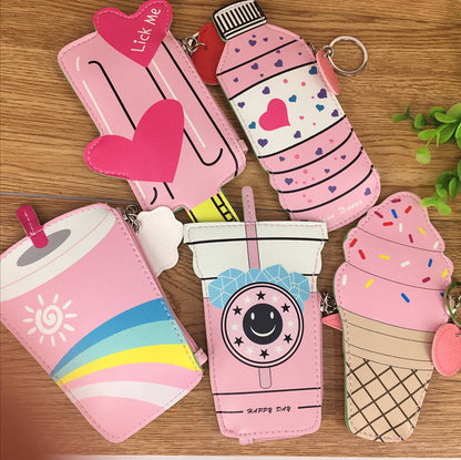 Cute Pink Drink & Ice Cream -Themed Coin Purse Keychain Set with Fun Shapes