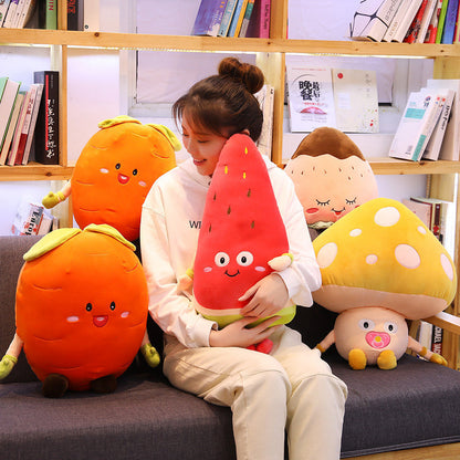 Large Fruit & Mushroom Plush Toy Set Featuring Watermelon, Orange & More