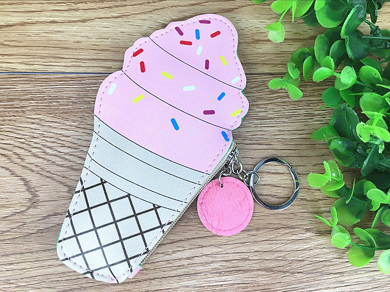 Cute Pink Drink & Ice Cream -Themed Coin Purse Keychain Set with Fun Shapes