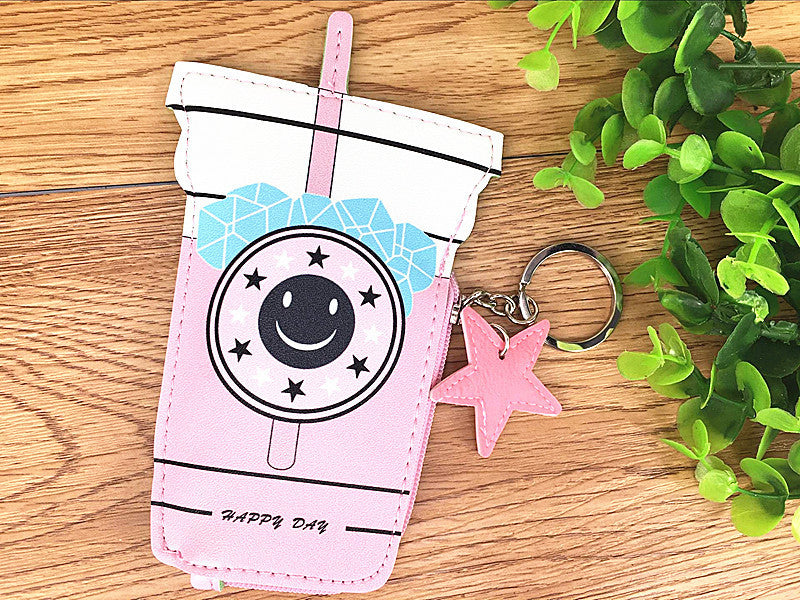 Cute Pink Drink & Ice Cream -Themed Coin Purse Keychain Set with Fun Shapes