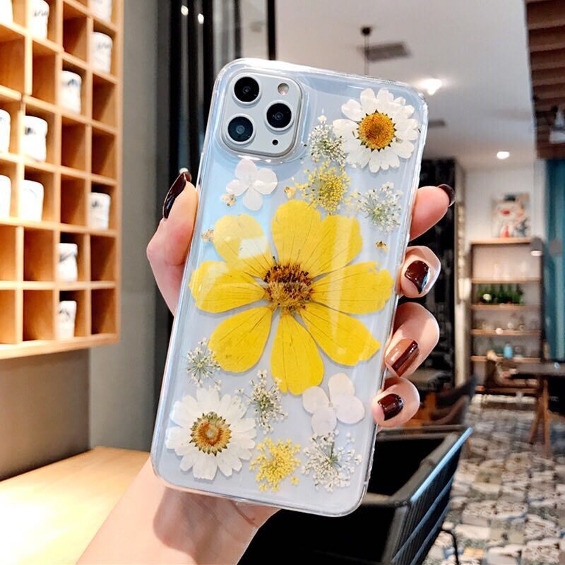 Clear Flower Phone Case with Real Pressed Floral Design in Pink & Yellow