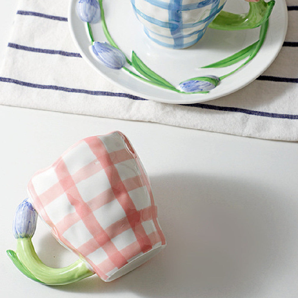 Blue & Pink Checkered Tulip Handle Porcelain Mug