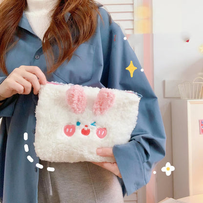 Cute Embroidered Rabbit & Bear Plush Zipper Makeup Bags