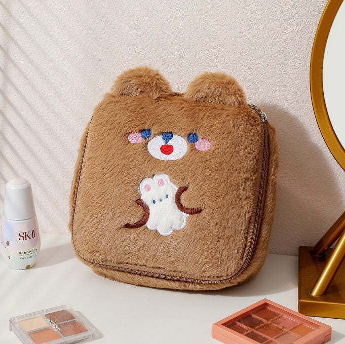 Cute Plush Animal Square Makeup Bags with Bear, Cat, Rabbit, & Pig Design