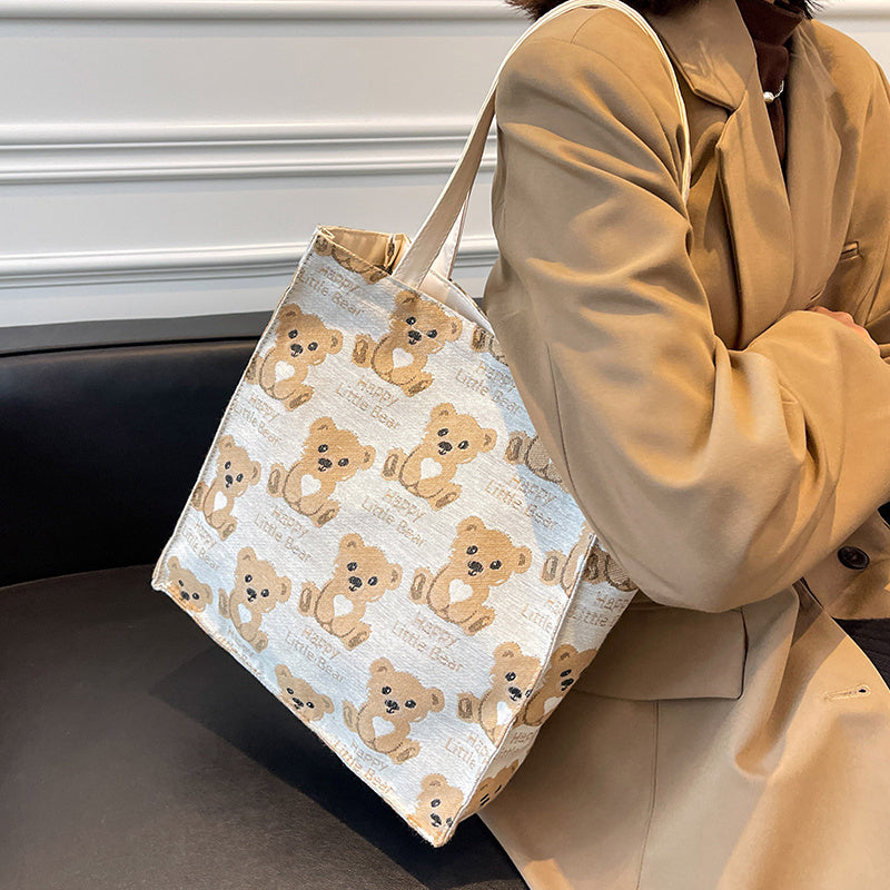 Cute Mini Canvas Tote Bag for Women with Small Teddy Bear Design