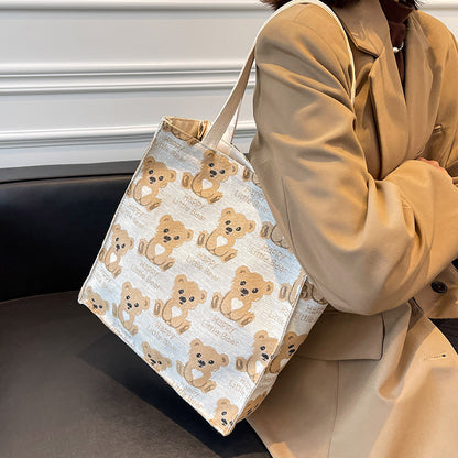 Cute Mini Canvas Tote Bag for Women with Small Teddy Bear Design