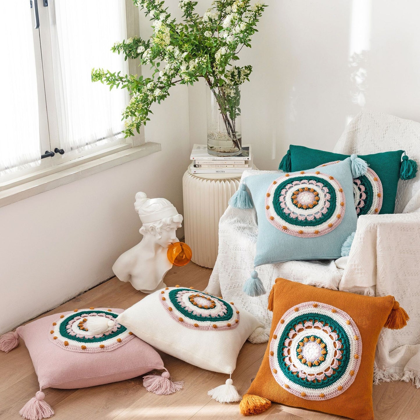 Knitted Mandala Pillow Covers with Tassels – Pink, Green, Blue, Yellow