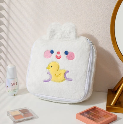 Cute Plush Animal Square Makeup Bags with Bear, Cat, Rabbit, & Pig Design