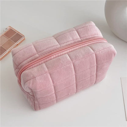 Plush Checkered Travel Makeup Bag in Pink, Blue, and White Color