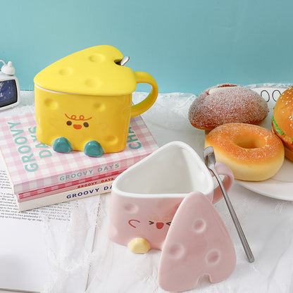 Cute Cheese-Shaped Ceramic Mugs with Lid