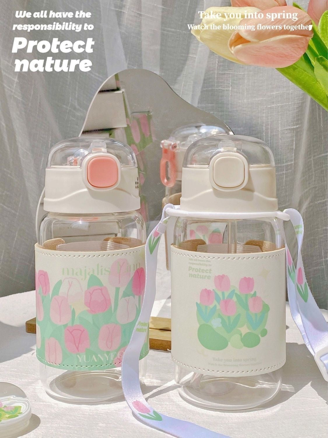 Charming Korean Flower Water Bottle with Strap & Flip Top Straw