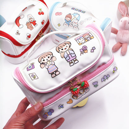 Cute Double-Layer Large Cosmetic Bag with Cartoon Print Design