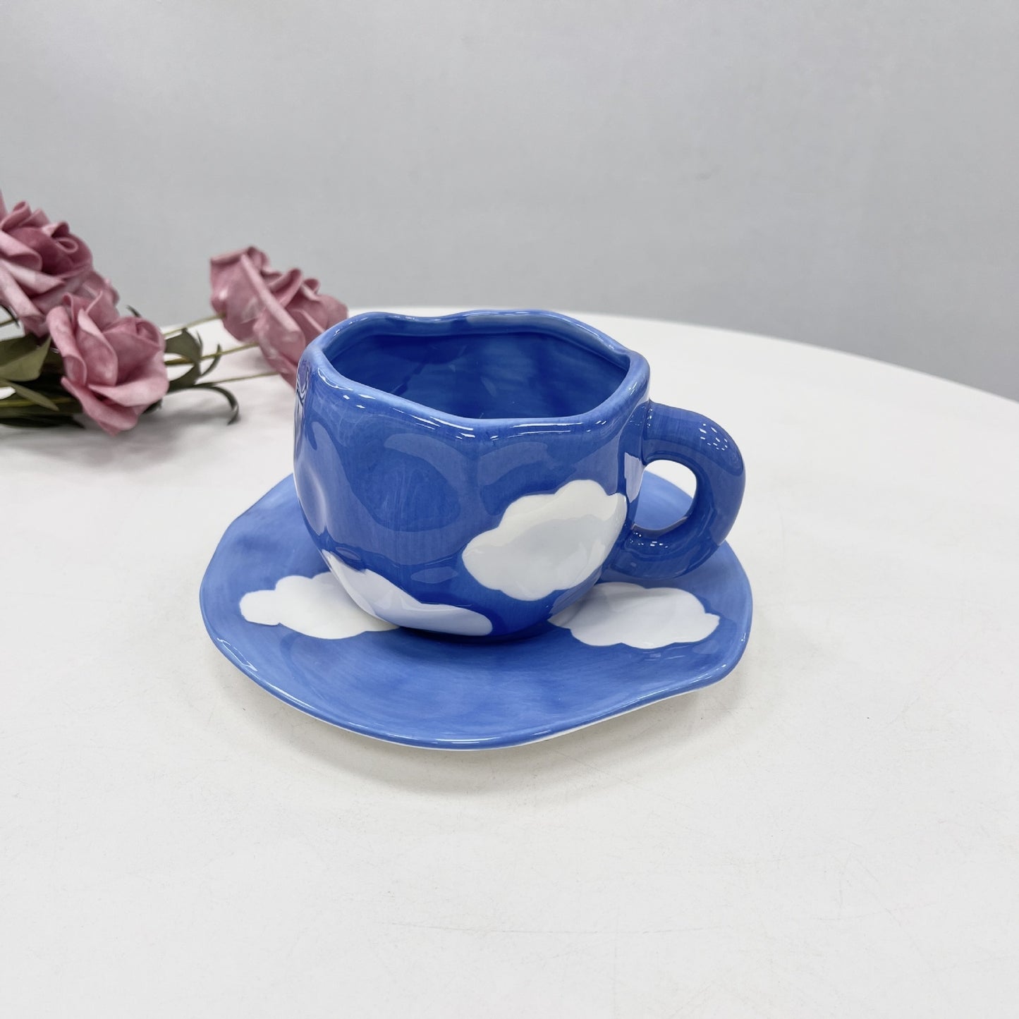 Retro Pinch Porcelain Cups with Plaid & Floral Tea Cups and Saucer Set