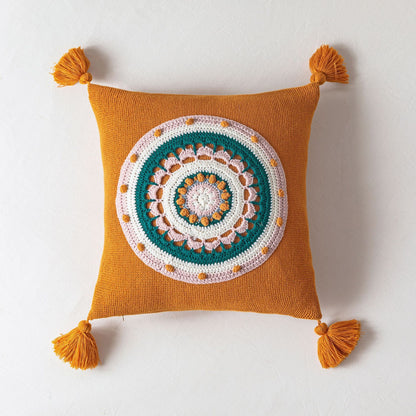 Knitted Mandala Pillow Covers with Tassels – Pink, Green, Blue, Yellow