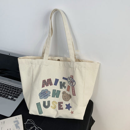 Large Capacity Women's White Canvas Tote Bag | Shoulder Tote Bag