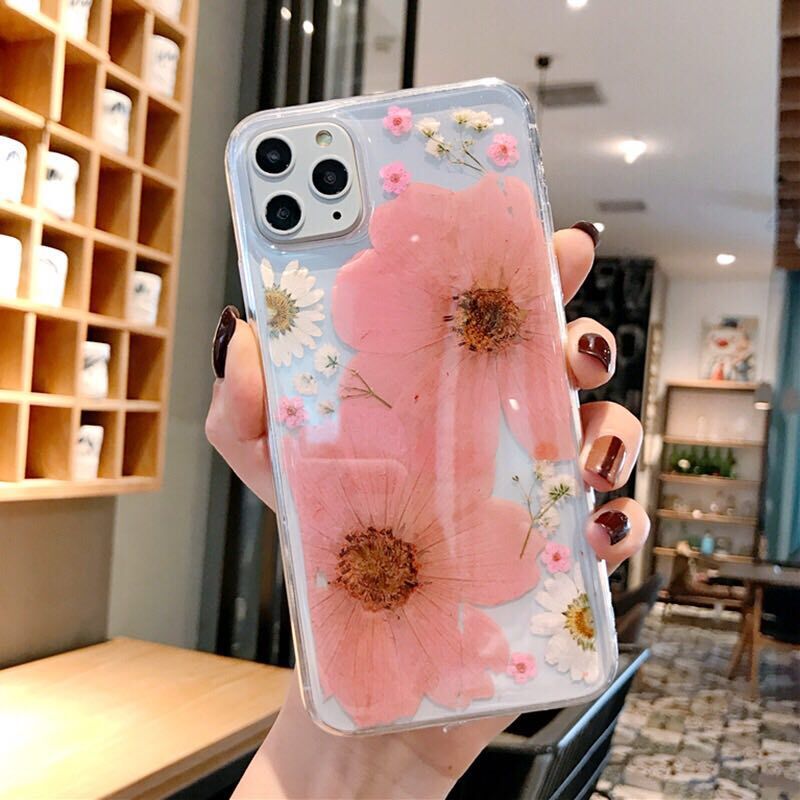 Clear Flower Phone Case with Real Pressed Floral Design in Pink & Yellow